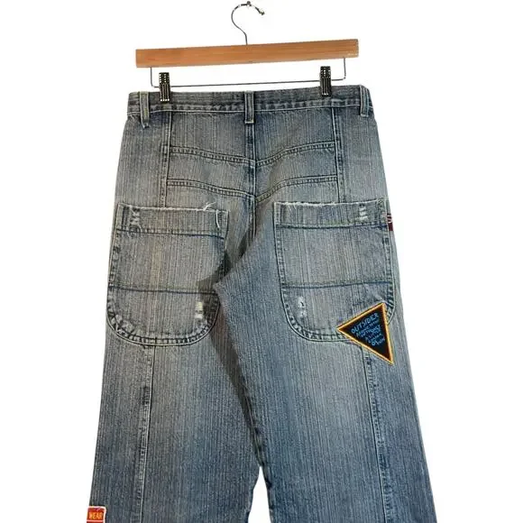 Y2K Small Gang Embroidered Wide Leg Denim Jeans 30x30